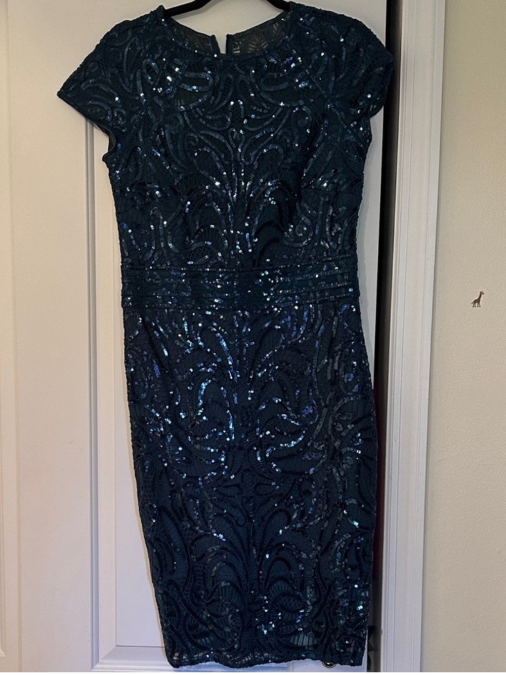 Tadashi Shoji Navy Blue Sequin Embellished Midi Sheath Dress
